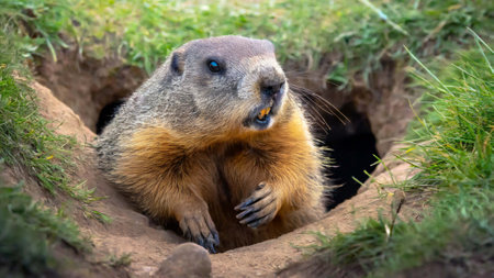 Alpine marmot (Marmota marmota) in its burrowの素材