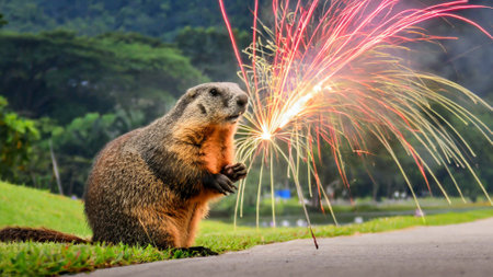 Alpine marmot (Marmota marmota) with fireworkの素材