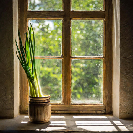 green onion in a pot on the windowsill of the old houseの素材