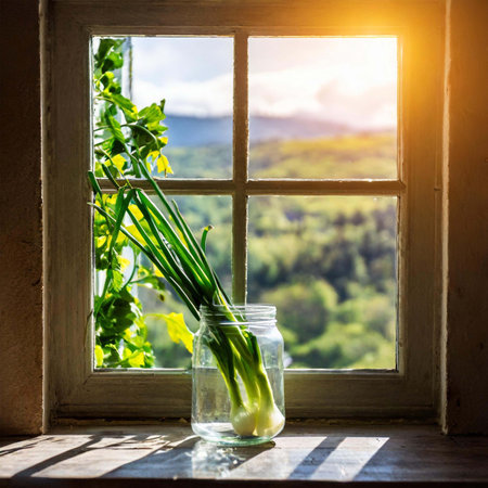 Green onion in a glass jar on the windowsill against the background of the mountainsの素材