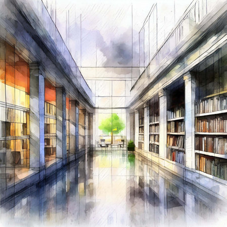 sketch of interior of a modern library, digital watercolor paintingの素材