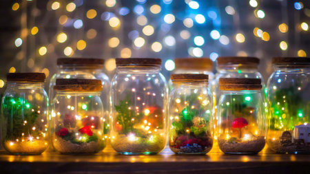 Christmas decoration in glass jars on the background of bokeh lightsの素材