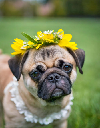 Cute pug dog with yellow flower wreath on head.の素材