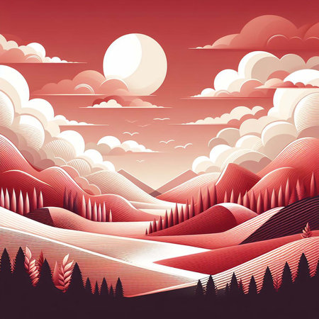 Vector illustration of a fantastic landscape with mountains, clouds and sun.の素材