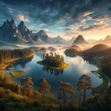 Foggy morning on the lake. Colorful summer landscape.の素材