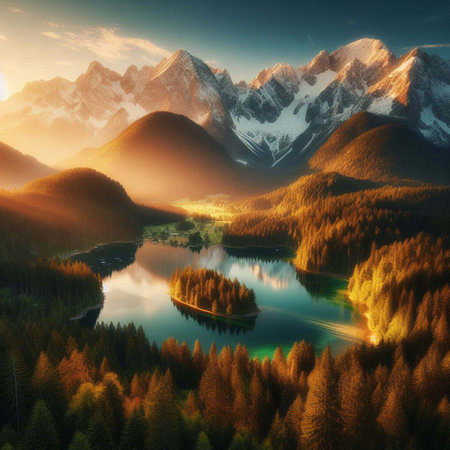 Mountain lake in the mountains at sunset. Beautiful autumn landscape.の素材