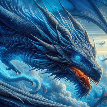 Fantasy dragon in blue sky with clouds. 3D illustration.の素材