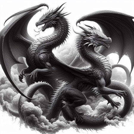 Dragon in the sky. 3D illustration. Black and white.の素材