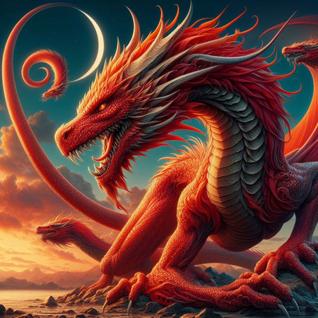 Dragon on the beach at sunset. 3D illustration. Fantasy.の素材