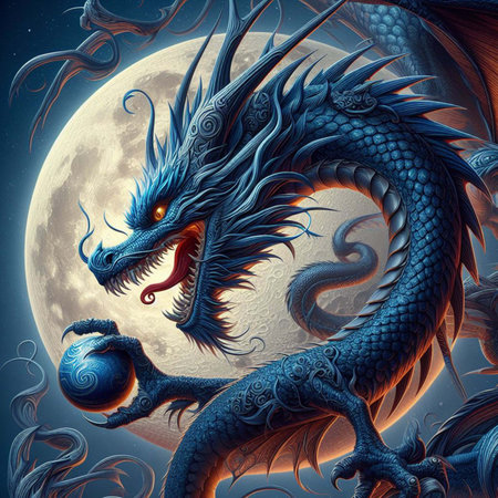 Dragon on the background of the full moon. 3D illustration.の素材