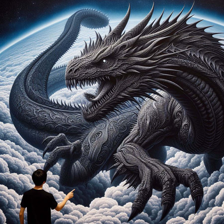 Man looking at a dragon in the sky. 3D rendering.の素材
