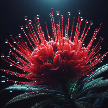Red flower with dew drops on black background, close up viewの素材