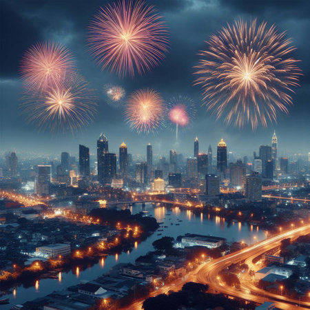 Fireworks over Bangkok cityscape at night, Thailand. New Year conceptの素材