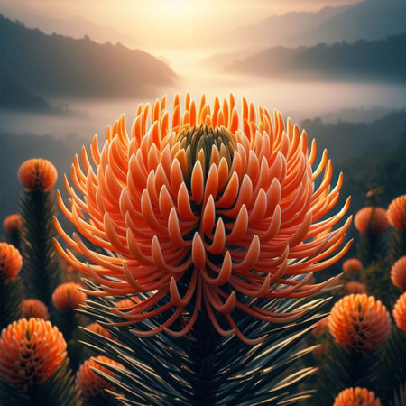 Orange protea flower in the morning fog. 3D illustration.の素材