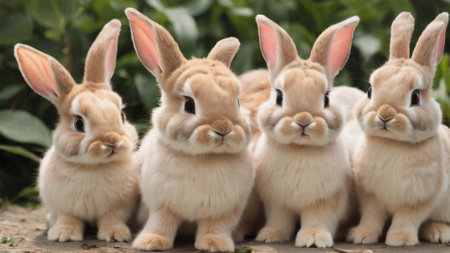 Group of cute bunny in the garden. Close-up image.の素材