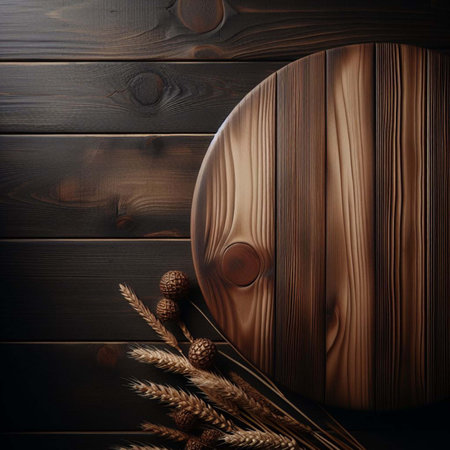 Wooden cutting board and wheat ears on a dark wooden background.の素材