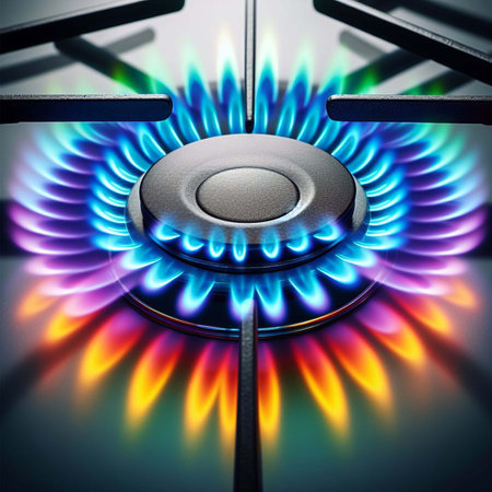 Close-up of a gas burner with blue and yellow flames.の素材