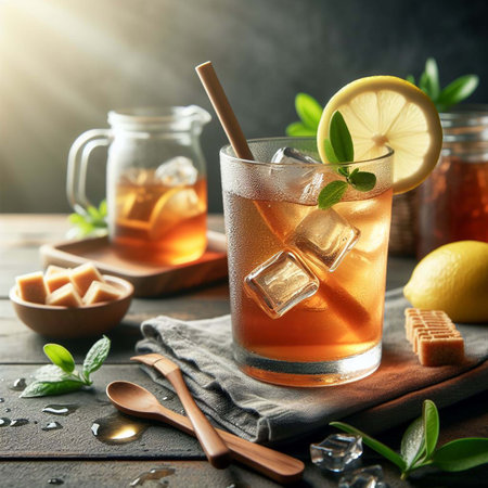 Iced tea with lemon and mint in a glass on a wooden tableの素材
