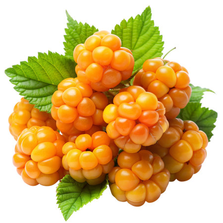 Yellow raspberries with green leaves isolated on the white background.