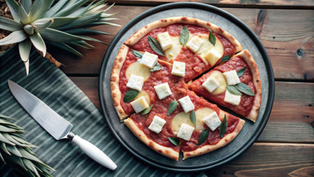 Pizza with mozzarella and pineapples on wooden tableの写真素材