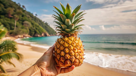 Pineapple on the beach. Summer vacation and travel concept.の写真素材
