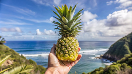 Pineapple in the hand on the background of the ocean.の写真素材