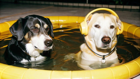 Two dogs playing in a swimming pool with yellow headphones. Close up.の写真素材