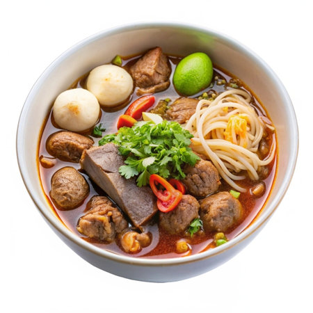 Thai noodle soup with beef and vegetables on white background.