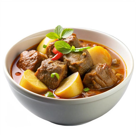 Beef stew with potatoes and herbs in bowl isolated on white backgroundの写真素材