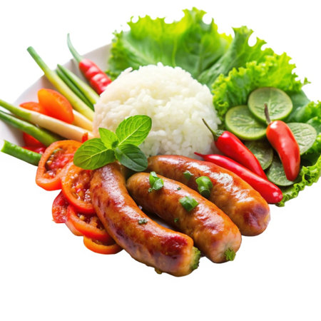 Thai Sausage with Rice and Vegetables isolated on white backgroundの写真素材