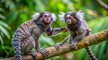 Couple of marmoset monkey on the tree in the jungleの写真素材