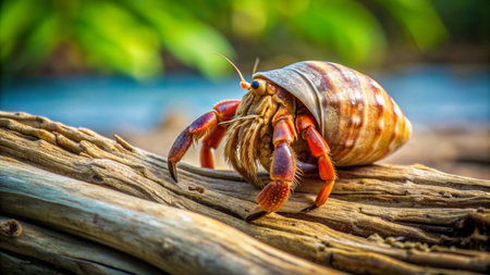 Hermit crab on a log in the rainforest, Thailand.