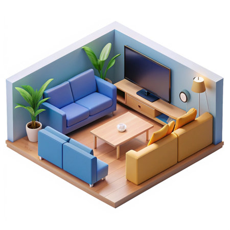 Interior of living room isometric view with furniture and sofa 3D rendering