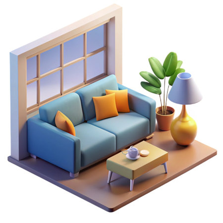 Sofa with cushions, coffee table and plant in vase