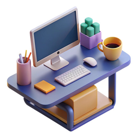 Computer and office equipment isolated on white background. 3D rendering.