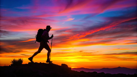 Silhouette of a man with a backpack on top of a mountain at sunsetの写真素材