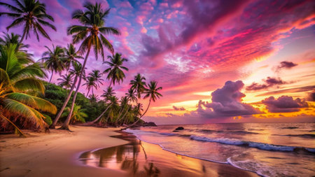 Beautiful sunset on the beach with palm trees. Sri Lanka.の写真素材