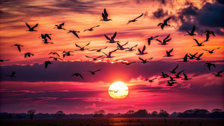 Sunset over a flock of geese flying in the sky.の写真素材