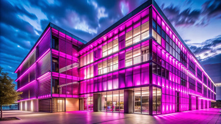 Exterior of modern office building with purple lights in the evening.の写真素材