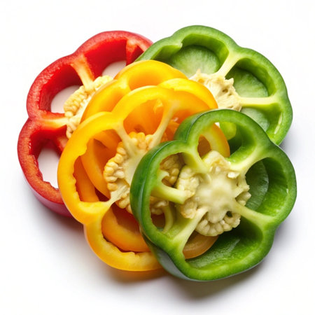 Sliced bell pepper isolated on white background. Top view.の写真素材