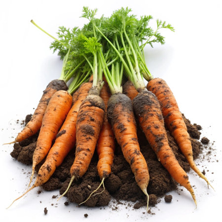 fresh carrots with soil on a white background. Vegetarian food.の写真素材