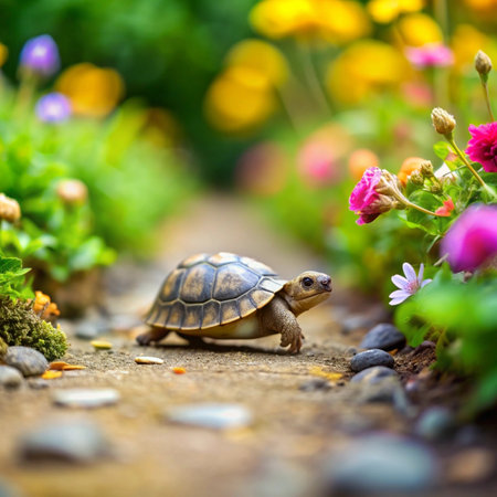 turtle in the garden on a background of flowers. selective focusの写真素材