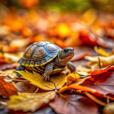 turtle in the autumn forest on a background of fallen leaves.の写真素材