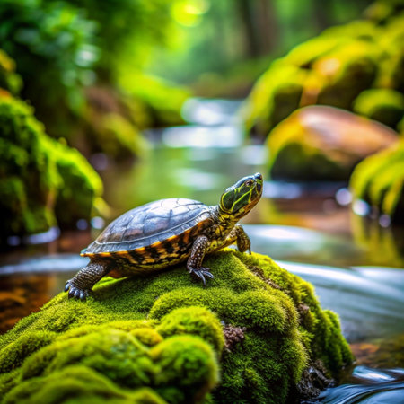 turtle on a green moss in the forest, note shallow depth of fieldの写真素材