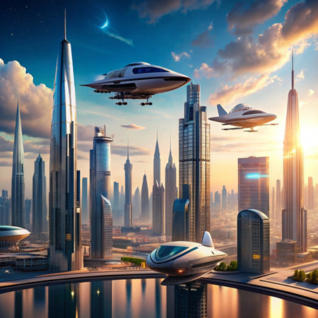 Futuristic city with flying saucers. 3d renderingの写真素材