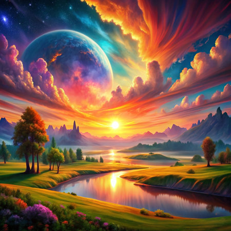 Fantasy landscape with lake and mountains at sunset. Digital painting.の写真素材