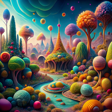 Fantasy landscape with fantasy trees and pond. 3D illustration.の写真素材