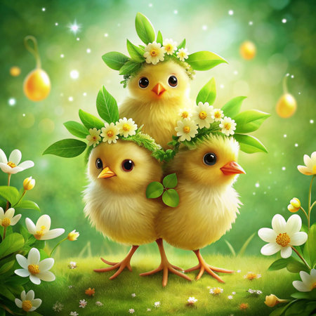 Easter chicks with spring flowers and easter eggs on green backgroundの写真素材