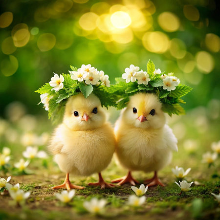 Little yellow chickens in a wreath of flowers on a green backgroundの写真素材