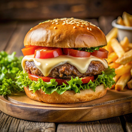 Cheese burger - American cheese burger with fresh salad and french friesの写真素材